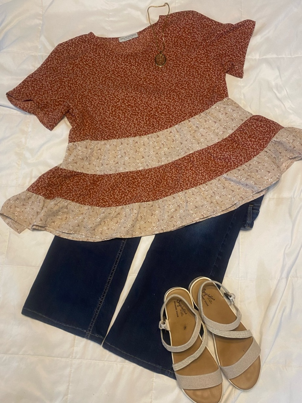 Rust Floral Ruffle Tiered Blouse Babydoll Style